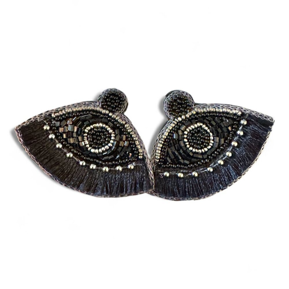 Black Evil Eye Beaded & Fringe Earrings